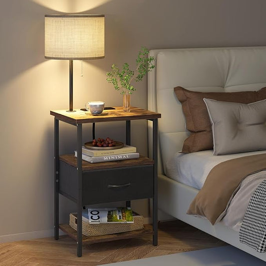 Fixwal Nightstand with LED Lights Bedside Table with 3 Color Temperatures Bulb, Tall NightStand with Charging Station End Table with Adjustable Fabric Drawer for Bedroom Dorm