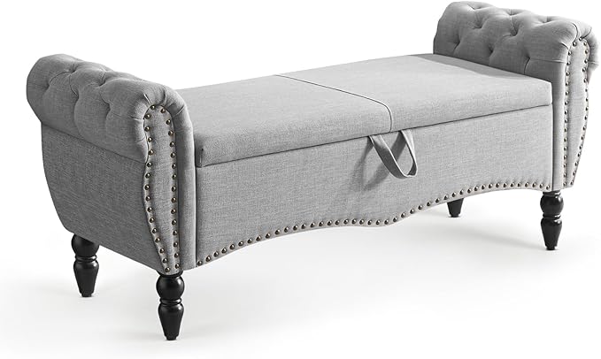 Furniliving 51.75" Storage Ottoman Bench for Living Room, Modern Bedroom Benches with Rolled Arm Upholstered End of Bed Bench Shoe Storage Indoor Bench with Wood Legs Entryway Bench, Grey, Linen