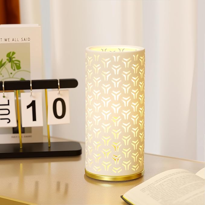 Small Modern Ceramics Bedside Table Lamp, 4.5 x 4.5 x 9.75 Inch White Triangle Style Nightstand Lamps, Side Table Lamps for Bedroom Living Room Entryway Table Light