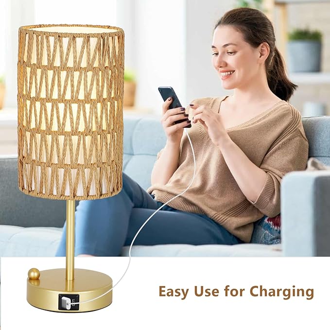 Gold Bedside Lamps Set of 2, Touch Control Night Stand Lamp for Bedroom with Rattan & Linen Shade & Bulbs, 3 Way Dimmable Small Boho Table Lamps with USB Charging Port & Phone Stand