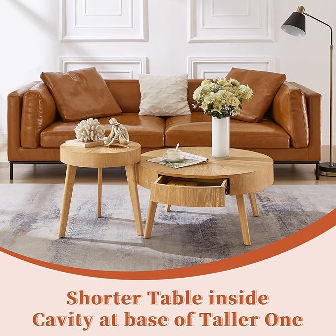 2 Piece Modern Farmhouse Coffee Table Set with Drawer, Boho Round Natural Real Wood Coffee Table for Living Room, Nesting Coffee Side Table Set with Radial Design, Light Brown