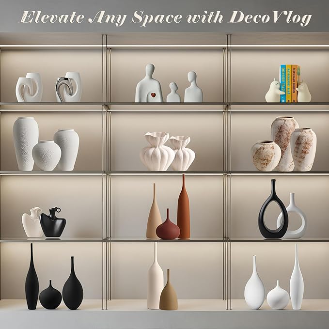 Ceramic Vase Set of 2, Modern Minimalist Boho Hollow Flower Vases, Decorative Vase for Home Decor, Living Room, Bedroom, Bookshelf, Entry Table, Kitchen and Dining Table