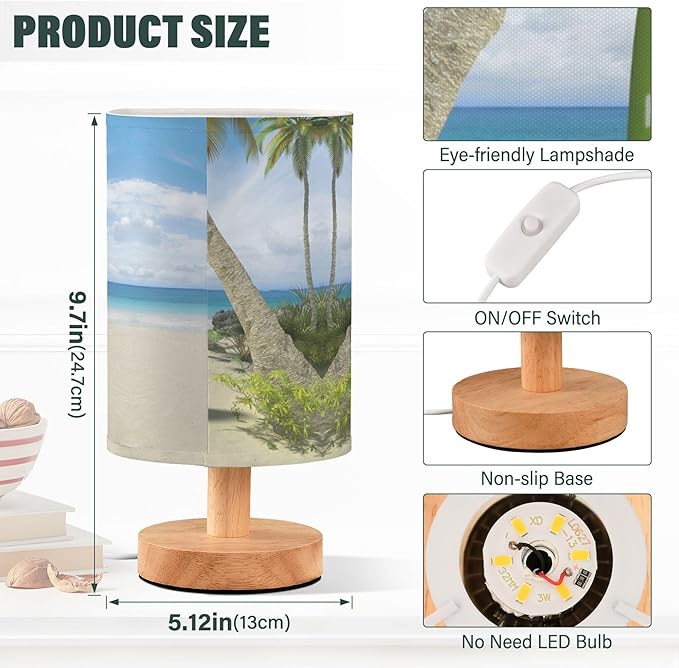 Table Lamp Surfboard Palm Tree Tropical Ocean Beach Nightstand Lamp with Wood Base Fabric Lamp Shade Bedside Desk Lamp for Living Room Bedroom Kids Room Office
