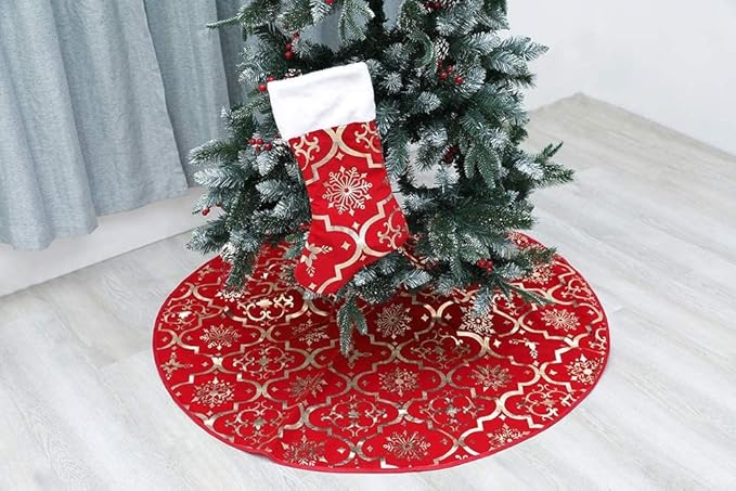 Flash World 52 Inch Large Christmas Tree Skirt Xmas Soft Cover Mat Decor Snowflake Collar Farmhouse Tree Skirt for Holiday Ornaments Party Home Indoor Decorations (Red, 52inch)