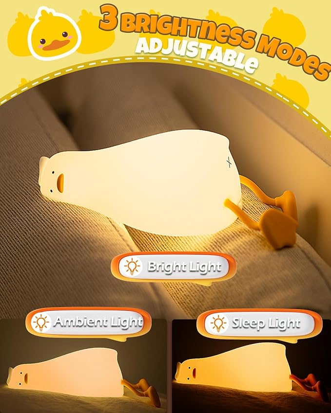 Cute Duck Night Light, Animal Lamp, Food Grade Silicone, Rechargeable, 3 Level Dimmable, Squishy Nursery Nightlight for Desk Decor, Funny Gifts Stuff for Boys Girls Baby, White Elephant Gifts