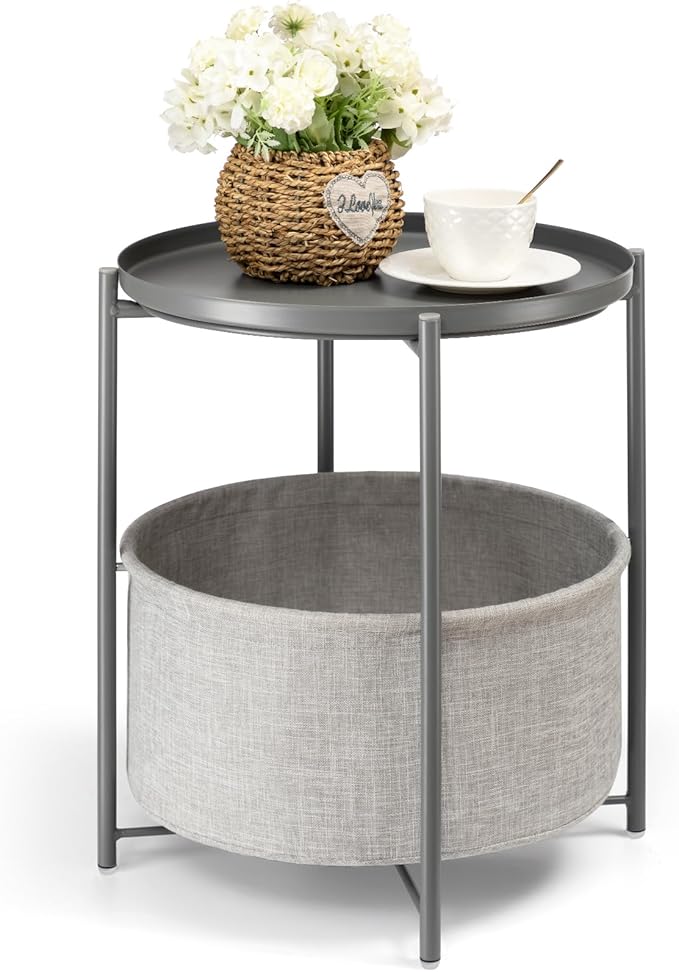 danpinera Round Side Table with Fabric Storage Basket, Metal Side Table Small Bedside Nightstand with Removable Tray Top for Living Room, Bedroom, Nursery, Laundry, Gray