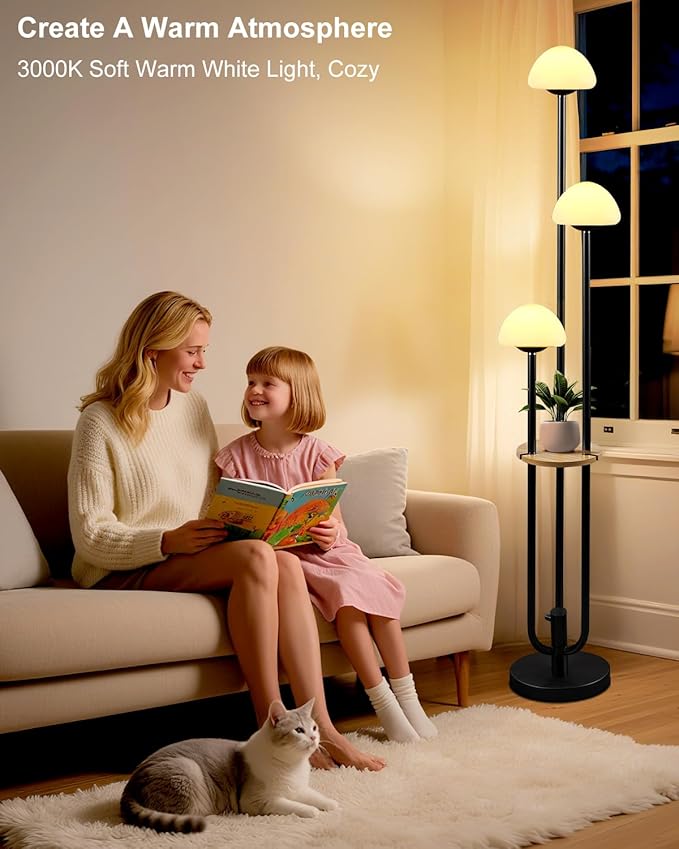 Lightdot Black Dimmable Floor Lamp with Table, Modern Floor Lamps for Living Room, 3000K Warm Lights Tall Standing Lamp with Mushroom Shades & Bulbs for Bedroom/Office