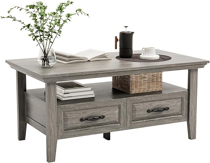 Amada Coffee Table for Living Room, 39.4" Small Coffee Table with Storage, Modern Coffee Tables Open Display Shelf and Hidden Drawers, Farmhouse Wood Center Table Decor Ideal for Home Office, Gray