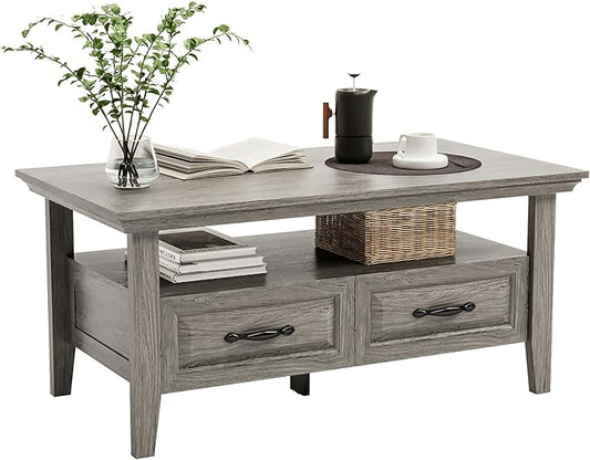 Amada Coffee Table for Living Room, 39.4" Small Coffee Table with Storage, Modern Coffee Tables Open Display Shelf and Hidden Drawers, Farmhouse Wood Center Table Decor Ideal for Home Office, Gray