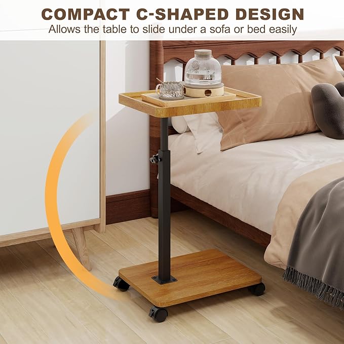 C Shaped End Table Adjustable Height, Couch Tables That Slide Under with Wheels, 360° Swivel C Side Table for Couch, Sofa, Living Room, Bedroom, Small Spaces (Wooden Veneer)