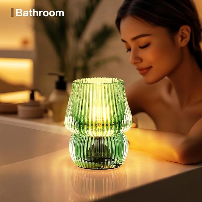 Battery Operated Lamp with Timer, Small Cute Cordless Glass Table Lamp for Home Decor, Kitchen, Bathroom, Birthday Gift for Women, Mushroom, Green