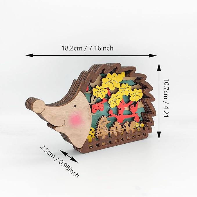 3D Wooden Carving Animals Lamp - Creative Fox Squirrel Wood Carved LED Night Light Garden Yard Wooden Animals Sculpture Ornaments Desktop Home Decor Birthday Gifts for Family Friend (Hedgehog)