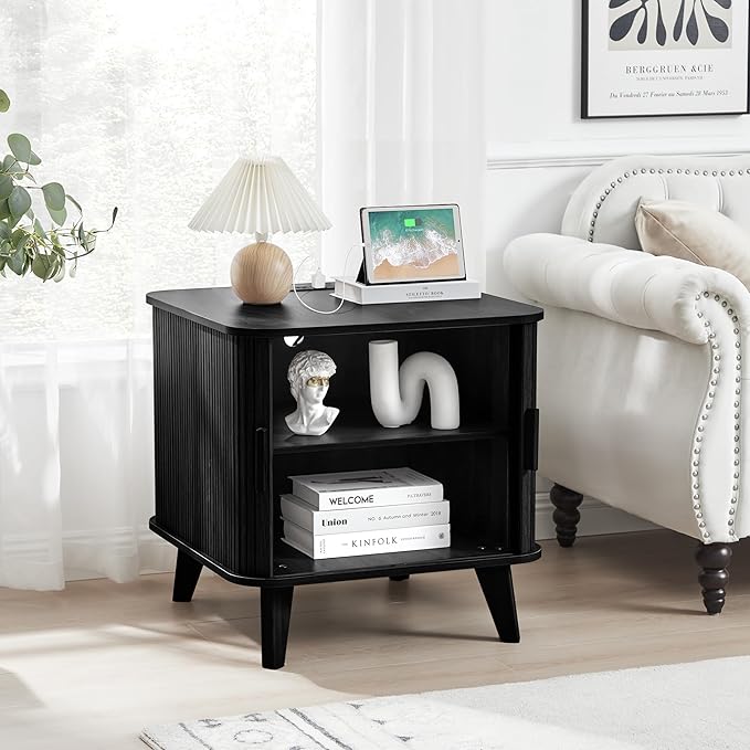 AVZEAR 24" Large Square End Table with Charging Station, Farmhouse Fluted Sofa Side Table with Sliding Tambour Door & Storage, Curved Rustic Wood Nightstand for Living Room, Bedroom, Black