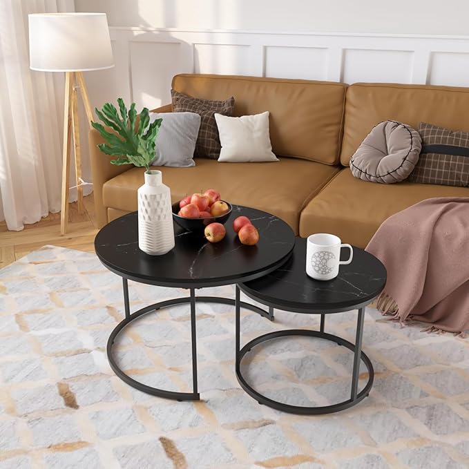Nesting Coffee Table Set of 2, 27.56" Round Coffee Table Marble Pattern Top with Sturdy Metal Frame, Side Tables for Living Room, Bedroom, Outdoor Balcony Yard (Black)