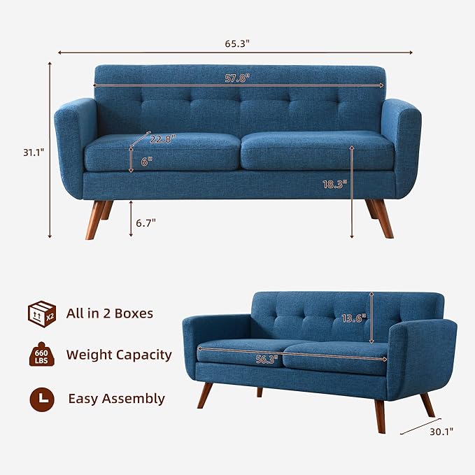 Tbfit 65" W Loveseat Sofa with Ottoman Coffee Table, Mid Century Modern Love Seat Couches for Living Room, Button Tufted Upholstered Small Couch for Bedroom,Easy to Install Love Seats Furniture, Blue