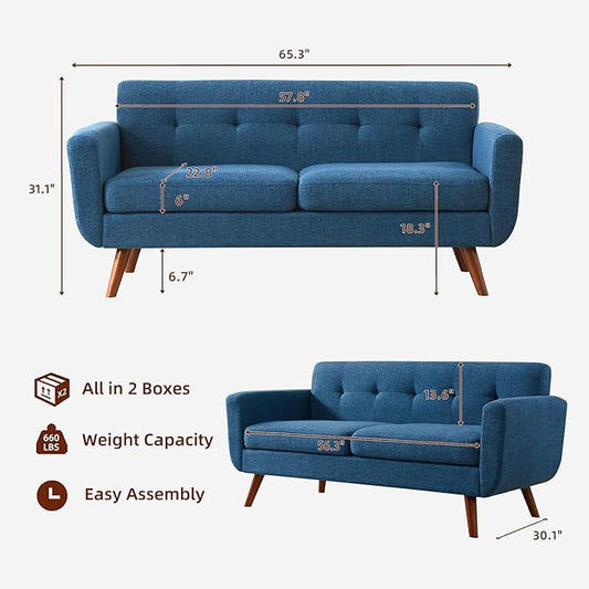 Tbfit 65" W Loveseat Sofa with Ottoman Coffee Table, Mid Century Modern Love Seat Couches for Living Room, Button Tufted Upholstered Small Couch for Bedroom,Easy to Install Love Seats Furniture, Blue