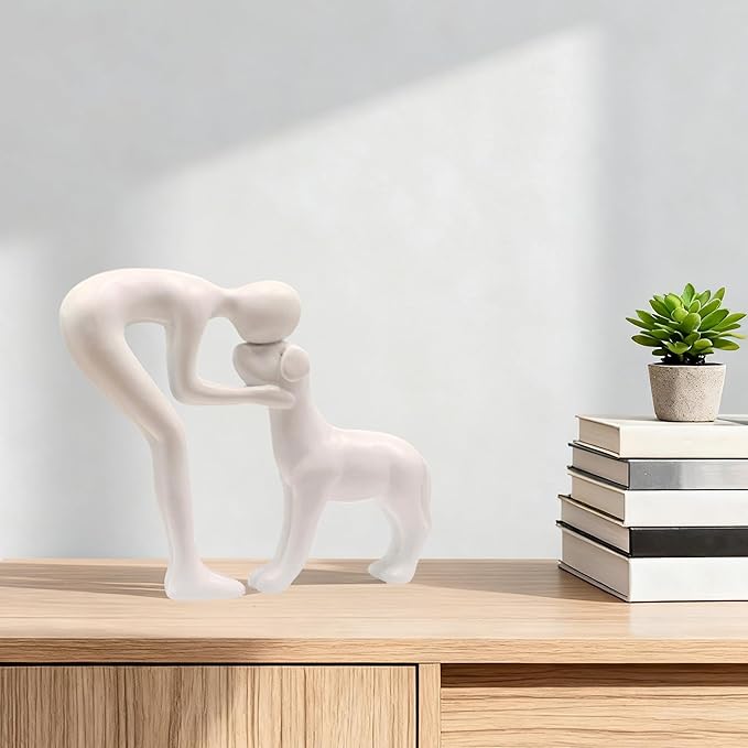 Dog Statues Home Decor Funny Man and Dog Sculpture Decorations for Home Bedroom Living Room Tabletop Bookshelf, Hand-Painted Resin Dogs Memorial Gifts Figurines for Pet Lovers, White