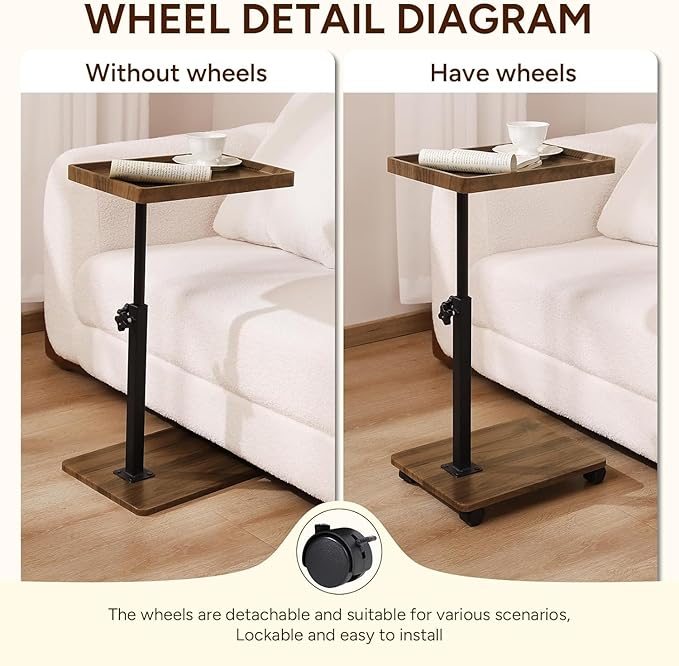 Gets Adjustable Height Sofa Tray Table for Couch,360°Swivel TV Tray for Small Spaces,C Table End Table with Wheels for Eating, Livingroom, Bedroom, Sofa-Walnut,15.8" X 11.8" X 31.5"