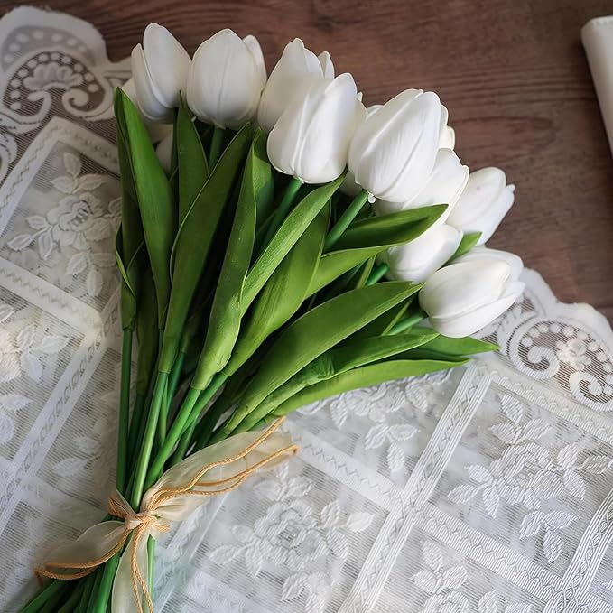 ABAJI 20PCS Tulip Artificial Flowers 12.6inch Real Touch for Wedding Decor Banquet Party Home Hotel Office Decoration Holiday Anniversary Celebration Faux Sterm