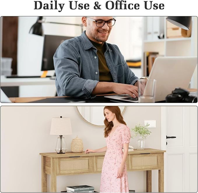 Luoxiao Rattan Console Table Boho Entryway Table with 3 Drawers Storage, Narrow Long Behind Couch Sofa Table for Living Room Side Table Entry Way Table Entrance Hallway Foyer, Natural, 47 Inch