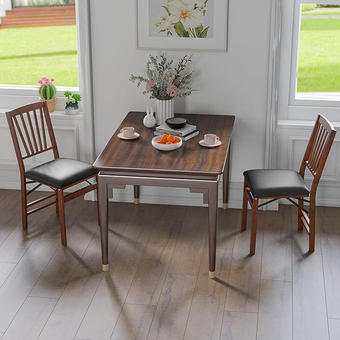 Folding Chairs Set 2, Wooden Foldable No Assembly Chair-Set with Padded Seats, Solid Wood Frame, 400 lbs Weight Capacity, Space Saving Dining Chairs for Small Space, Guests Kitchen (2, Slatted Back)