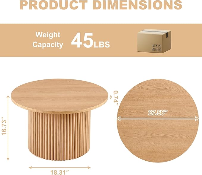 27" Round Coffee Table, Coffee Table for Living Room, Mid Century Modern Wood Coffee Table, Drum Accent Small Center Table, Oak Wood Veneer