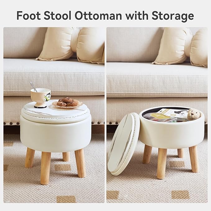 IBUYKE 13 Inch Foot Stool Ottoman with Storage, Round Small Foot Rest with Padded Seat and Wood Legs, PU Faux Leather Mini Footstool for Living Room Couch Bedroom Entryway, Beige WBD023W