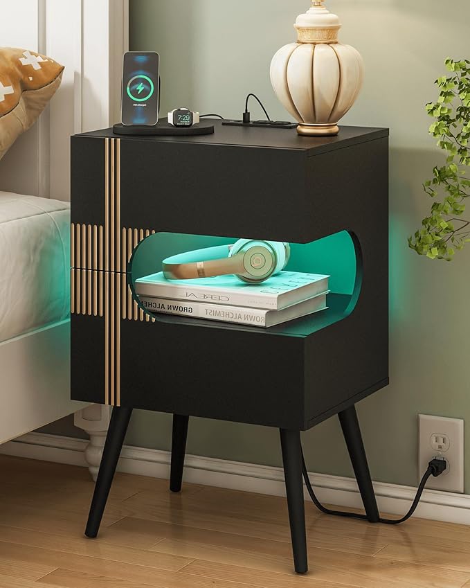 Black Nightstand with Charging Station and LED Lights,Modern Bedside Table with 2 Storage Drawer,Night Stand with Solid Wood Legs,White (Black-2)