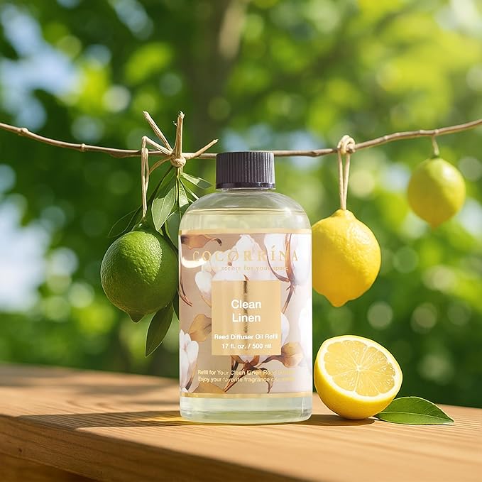 Cocorrína Reed Diffuser Refill Clean Linen 17oz (500ml) with 8 Rattan Sticks - Premium Long-Lasting Scented Oil, Home Fragrance for Bedroom, Bathroom Home Decor