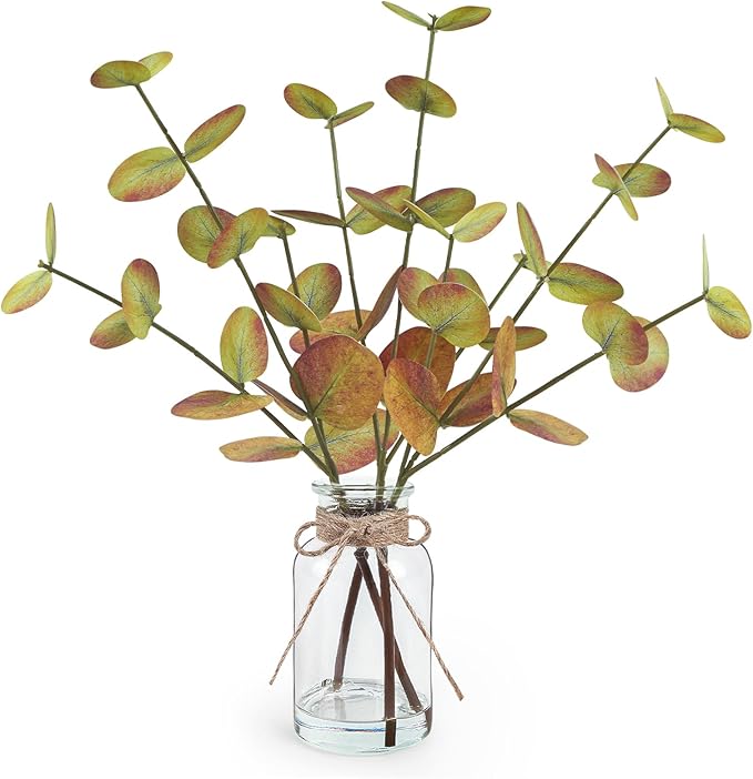 Fall Fake Eucalyptus Stems in Glass Vase with Faux Water 14" Fake Fall Plants with Artificial Eucalyptus Leaves Fall Decorations for Home Bathroom Desk Coffee Table Centerpiece Office Farmhouse Decor