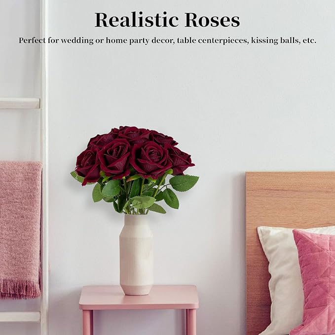 10 PCS Artificial Roses with Long Stems Silk Flowers Realistic Foam Flowers Fake Roses for Valentine's Day Home Wedding Halloween Decor(Wine Red)