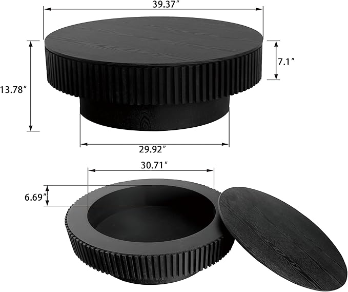 39.37 Inch Round Drum Coffee Table with Storage, Handcraft Fluted Drum Coffee Table, Modern Wooden Round Coffee Table Center Table with Sturdy Pedestal for Living Room Apartment(Black)