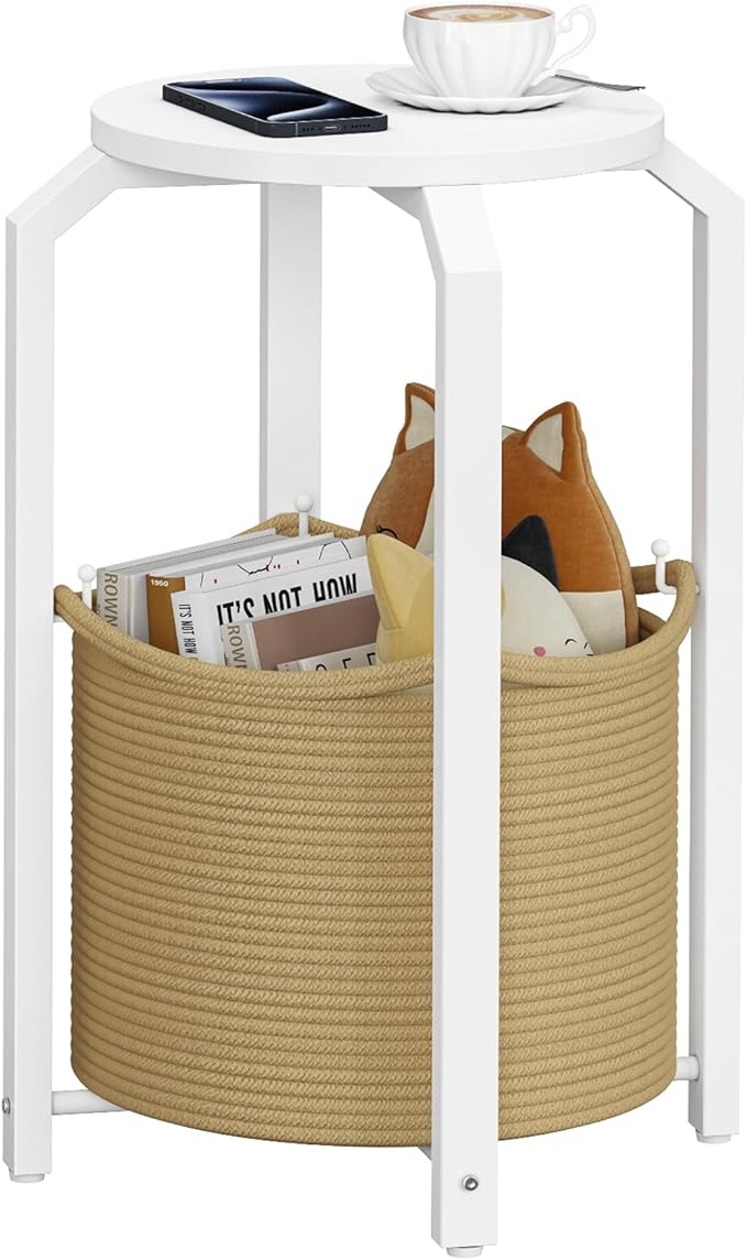 TUTOTAK Small Side Table, Round End Table, Night Stand, Bedside Table, Sofa Table with Storage Basket, Living Room, Bed Room, White and Beige TB01BWN092