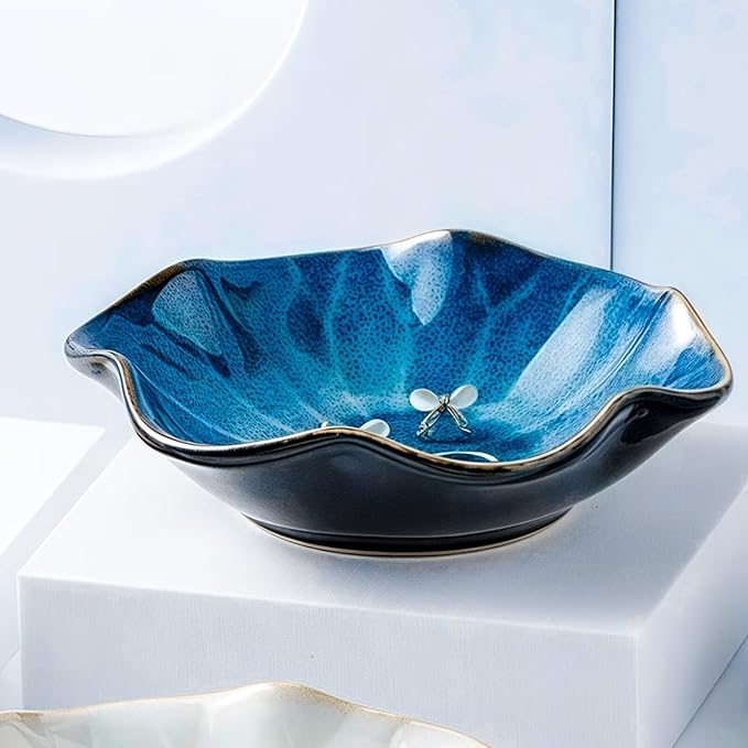 2Pcs Ceramic Jewelry Dish - Lotus Leaf Shape, for Ring Holder Necklace Small Key, Suitable for Mother Friend Sister, Gifts for Women, Cute Plate Trinket Tray, Home Decor (Blue-2PCS)