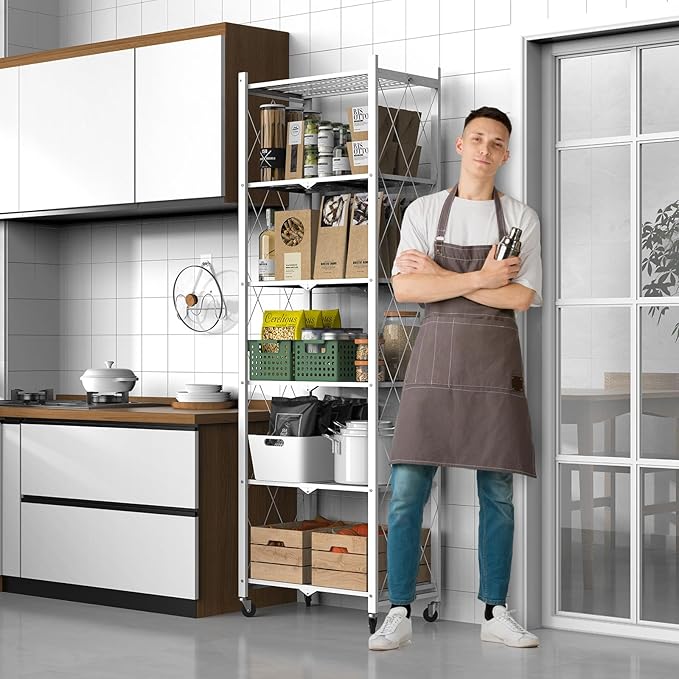 72" H 6 Tier Foldable Storage Shelf with Wheels, Folding Shelving Loads 600 LBS, Metal Steel Garage Shelves, Rolling Standing Utility Rack for Kitchen, Pantry, Office, White