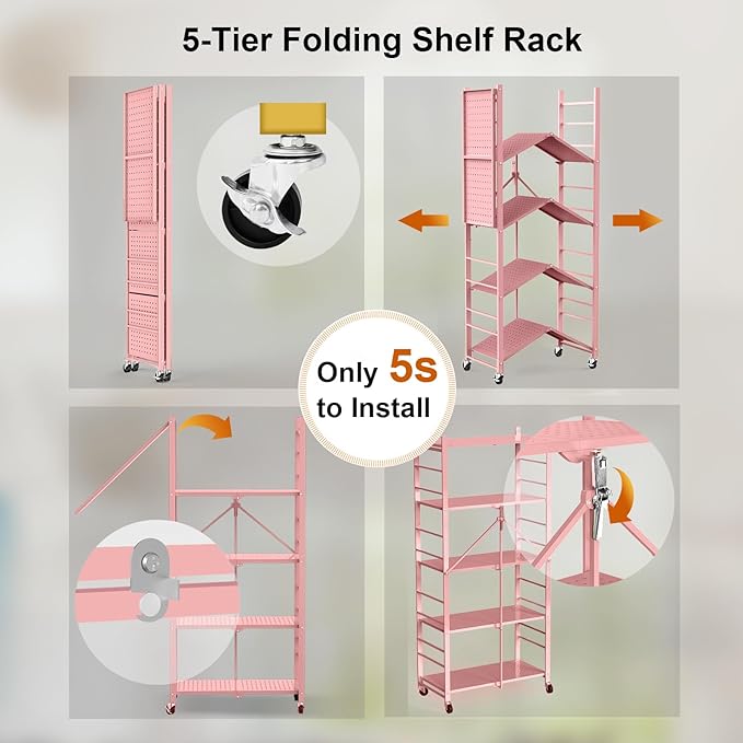 Storage Shelves with 20 Hooks, 5-Tier Foldable Shelves for Storage, Folding Shelf Unit Pantry Shelves with Wheels, Standing Shelving Unit for Kitchen Garage Home Office Room Greenhouse, Pink