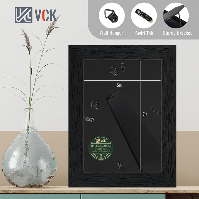 VCK 5x7 Picture Frame Black Set of 5, Textured Exclusive Wooden Photo Frames with HD Glass | Matted to 4x6 or 5x7 without Mat