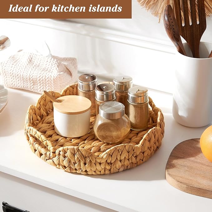 Scalloped Tray, 13.8" Large Round Basket Tray Wicker Rattan Serving Tray2 with Handles, Scallop Basket Table Décor Trays, Water Hyacinth Round Rattan Tray1 for Ottoman Decorative