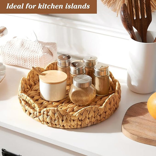 Scalloped Tray, 13.8" Large Round Basket Tray Wicker Rattan Serving Tray2 with Handles, Scallop Basket Table Décor Trays, Water Hyacinth Round Rattan Tray1 for Ottoman Decorative