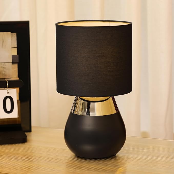 Small Modern Touch Eye Protection Bedside Table Lamp, 7 x 7 x 12 Inch Dark Blue Metal Base Table Lamp for Bedrooms and Office (Dark Blue Fabric Lampshade)