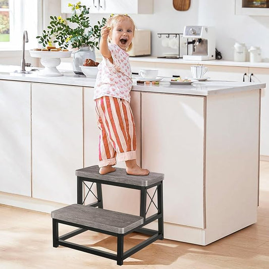 YINMIT Wooden Step Stool for Adults, 2 Tier Heavy Duty Step Stool for High Bed, Using for Bedroom, Living Room, Bathroom and Kitchen, Hold Up to 500 LBS