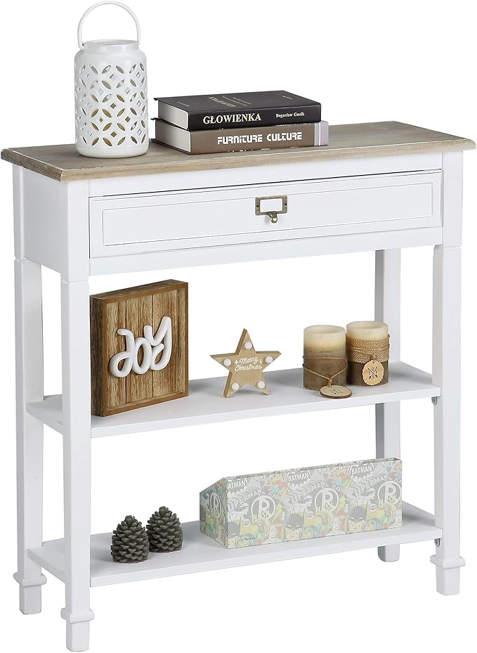 Console Sofa Table with Drawers, 3-Tier Farmhouse Entryway End Table with Open Storage Shelves, Accent Side Table for Hallway Living Room, Wooden Top, Handcrafted Finish (White)