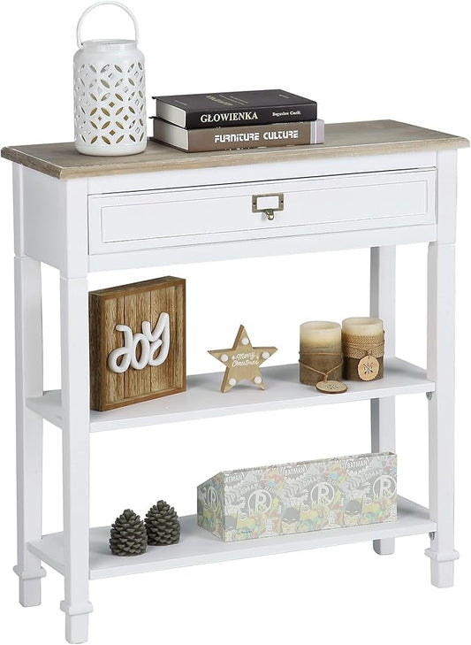 Console Sofa Table with Drawers, 3-Tier Farmhouse Entryway End Table with Open Storage Shelves, Accent Side Table for Hallway Living Room, Wooden Top, Handcrafted Finish (White)