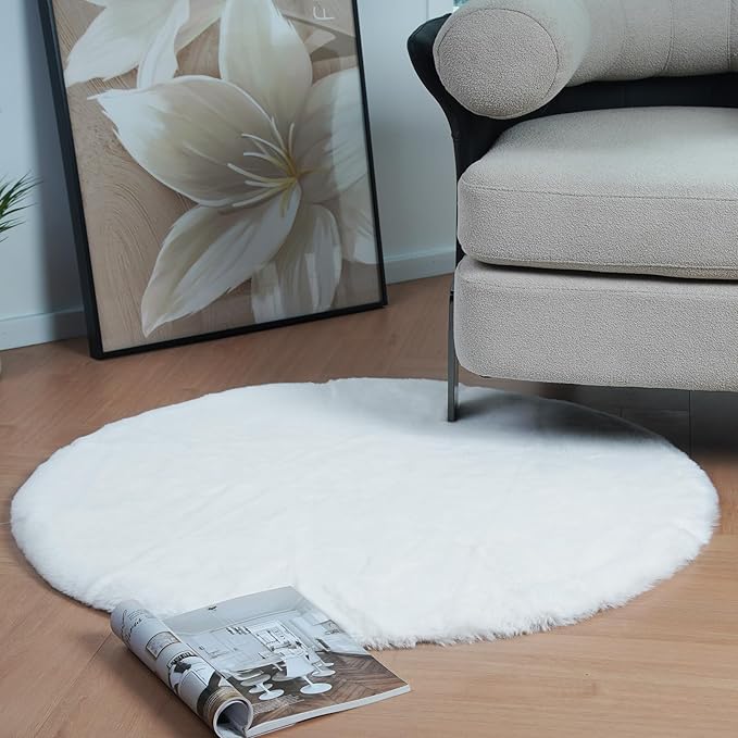 Latepis White Fur Round Rug 3ft Non-Slip Washable Circle Rug Fluffy Faux Rabbit Fur Rugs for Photoshoot Plush Shag Furry Carpet for Living Room Bedroom Kids Room