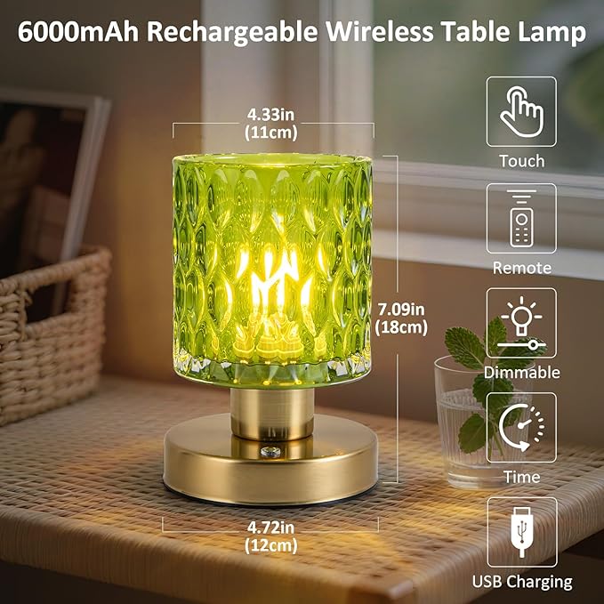 Modern Table Lamp with Remote Control, Cordless Dimmable Desk Lamp for Bedroom, Rechargeable Battery Operated, Touch Lamps for Night Stands Living Room, Bulb Included (Olive Green)