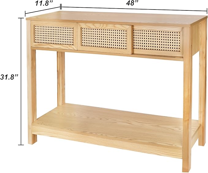 ZYBT Long Console Table, Console Tables for Entryway, Modern Narrow Wood Rattan Entryway Couch Hallway Boho Sofa Table with Storage Drawers for Living Room