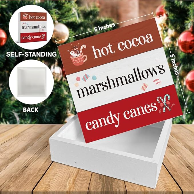 Hot Cocoa Bar Winter Decorations Indoor - Christmas Decor, Hot Cocoa Chocolate Bar Wooden Sign, Home Decor for Desk Table Shelf 5 X 5 Inches