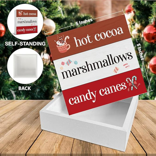 Hot Cocoa Bar Winter Decorations Indoor - Christmas Decor, Hot Cocoa Chocolate Bar Wooden Sign, Home Decor for Desk Table Shelf 5 X 5 Inches