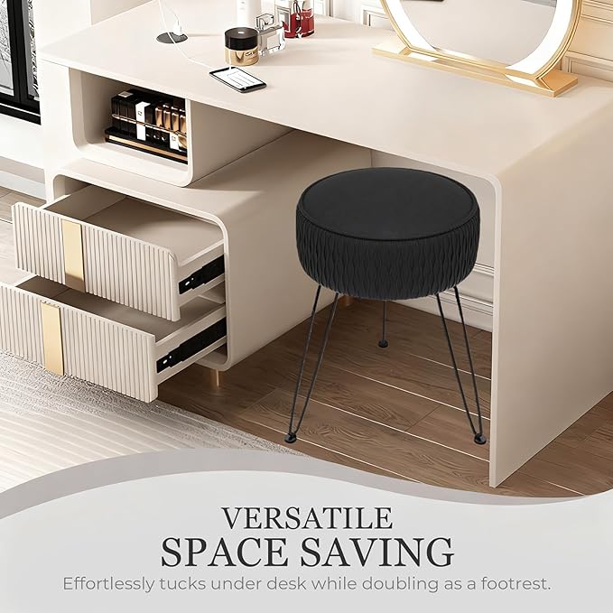 Velvet Vanity Stool Footrests, Round Ottoman Vanity Chairs with Anti-Slip Feet, Dressing Table Seat Foot Stool with Black Legs, Furry Padded Seat Side Table for Makeup Bedroom, Black