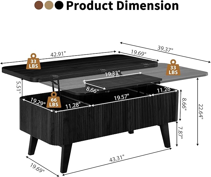 3 in 1 Lift Top Coffee Table, Fluted Convertible Coffee Tables Converts to Dining Tables, Modern Oval Wooden Center Table with Storage for Living Room Office Small Space, Partial Assembly (Black)
